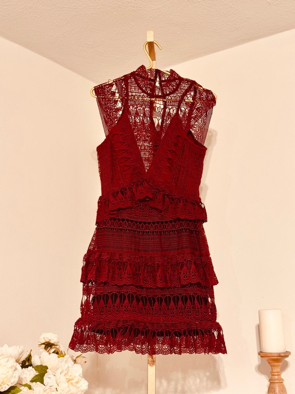 Self-Portrait Burgundy Lace Tiered Mini Dress - Picture 2 of 9